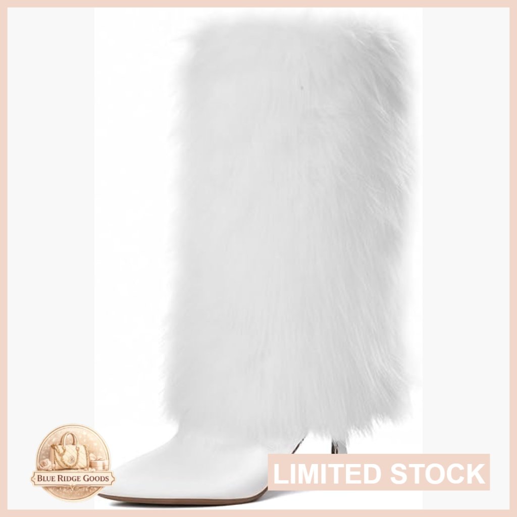 Faux Fur Fold Over Boots Pointed Toe Kitten Heel Mid Calf Winter Chic